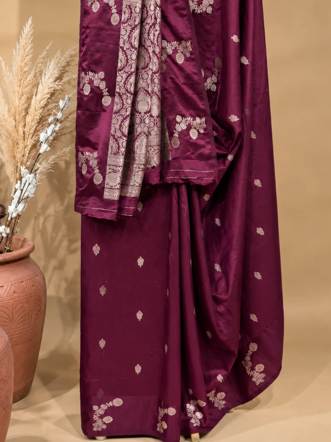 Wine Banarasi Soft Silk Saree Wine With Floral Buti Zari front view