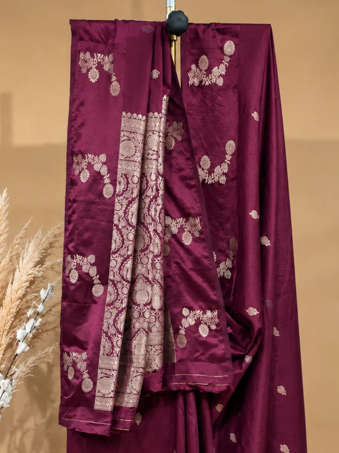Wine Banarasi Soft Silk Saree Wine With Floral Buti Zari front view