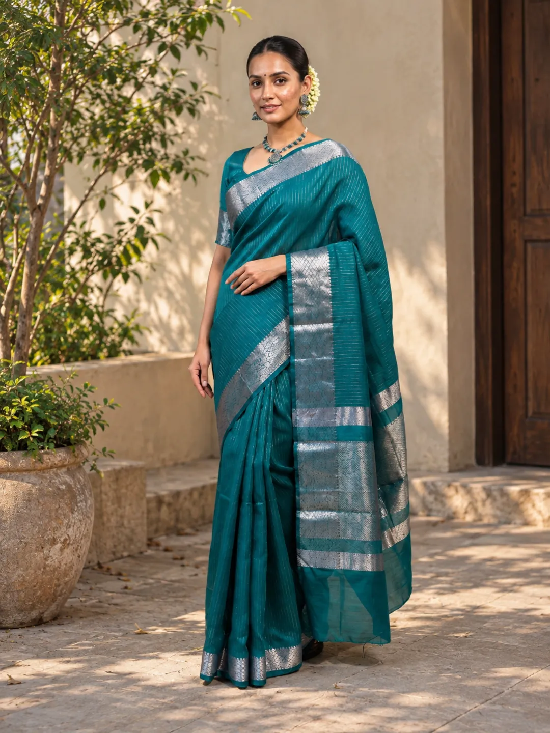 Green Banarasi Tissue Silk Saree Teal Green With Silver Zari Border And Pallu
