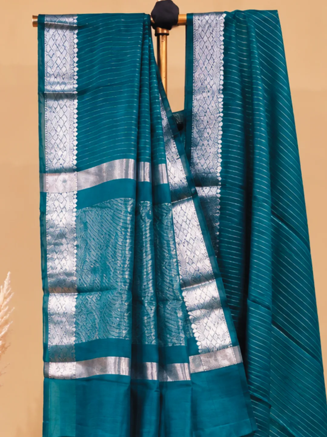 Green Banarasi Tissue Silk Saree Teal Green With Silver Zari Border And Pallu front view