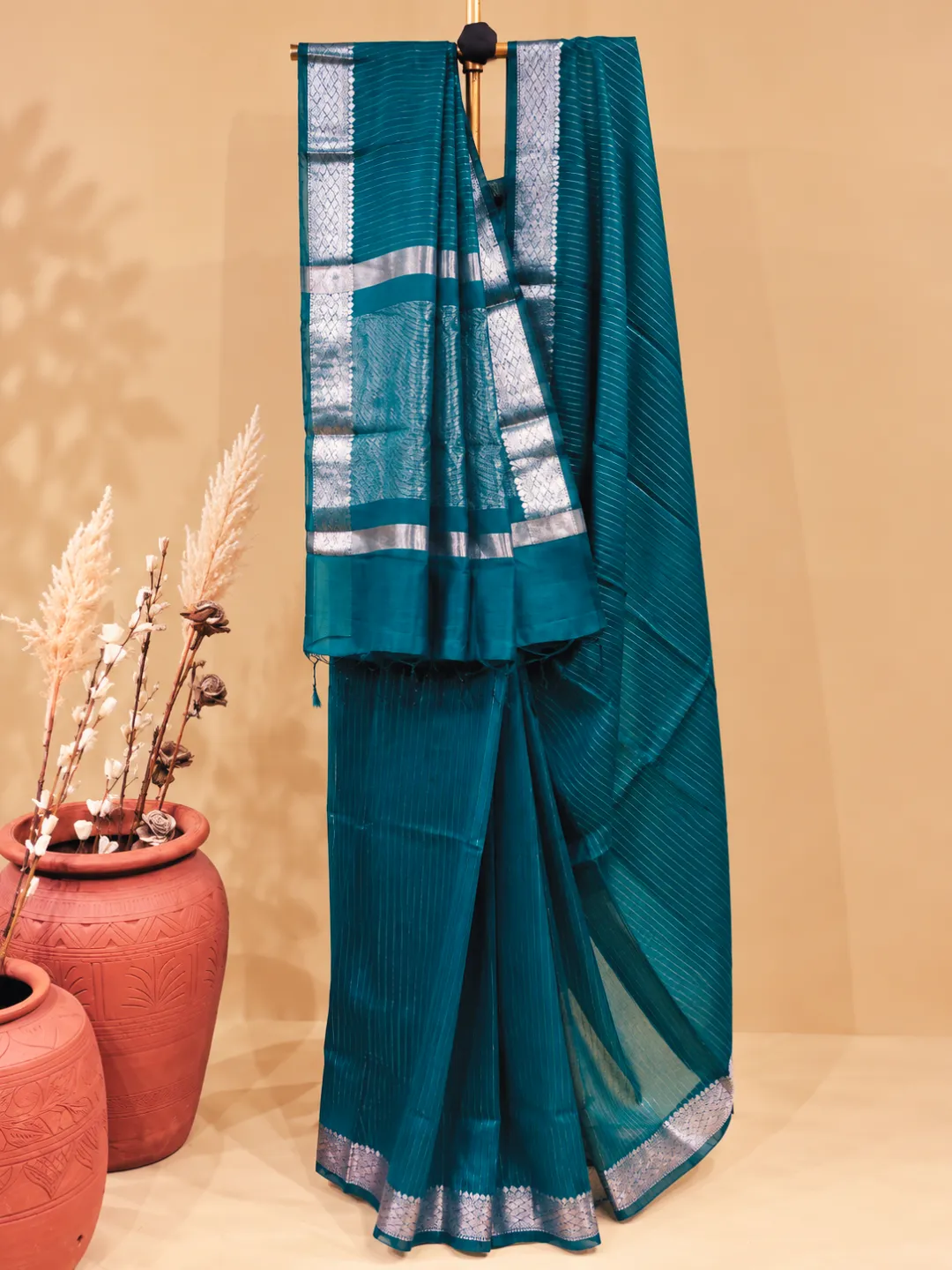 Green Banarasi Tissue Silk Saree Teal Green With Silver Zari Border And Pallu front view