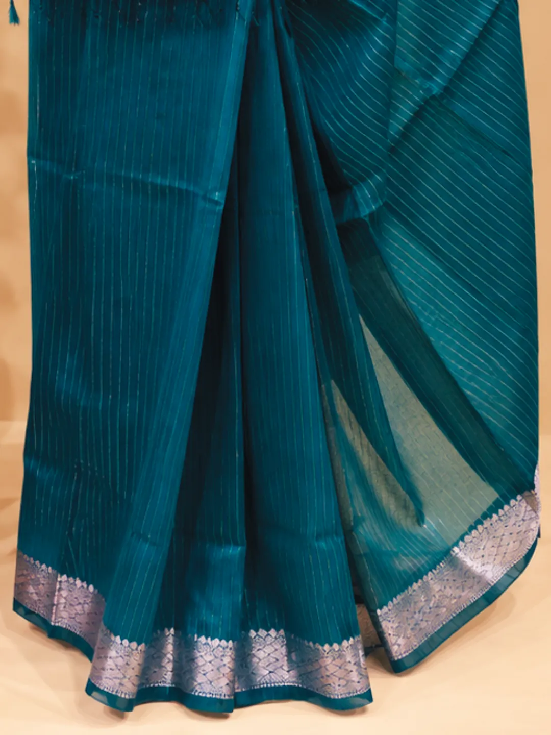 Green Banarasi Tissue Silk Saree Teal Green With Silver Zari Border And Pallu front view