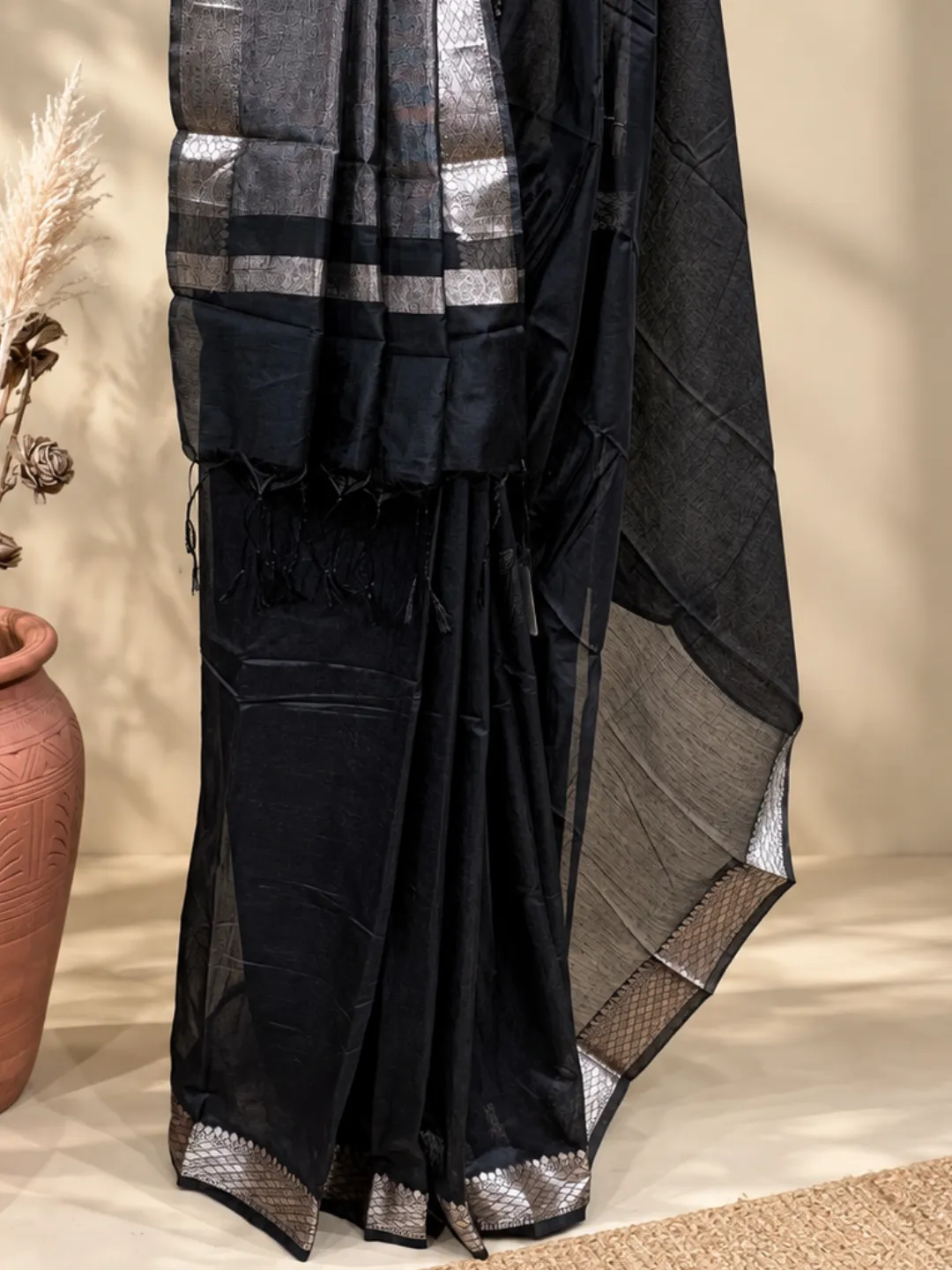 Black Banarasi Cotton Saree Black With Silver Zari Border And Pallu front view