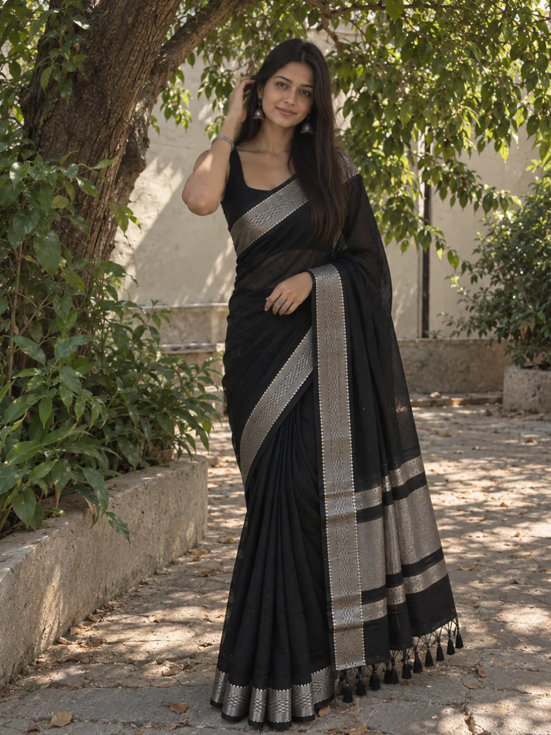 Black Banarasi Cotton Saree Black With Silver Zari Border And  Pallu