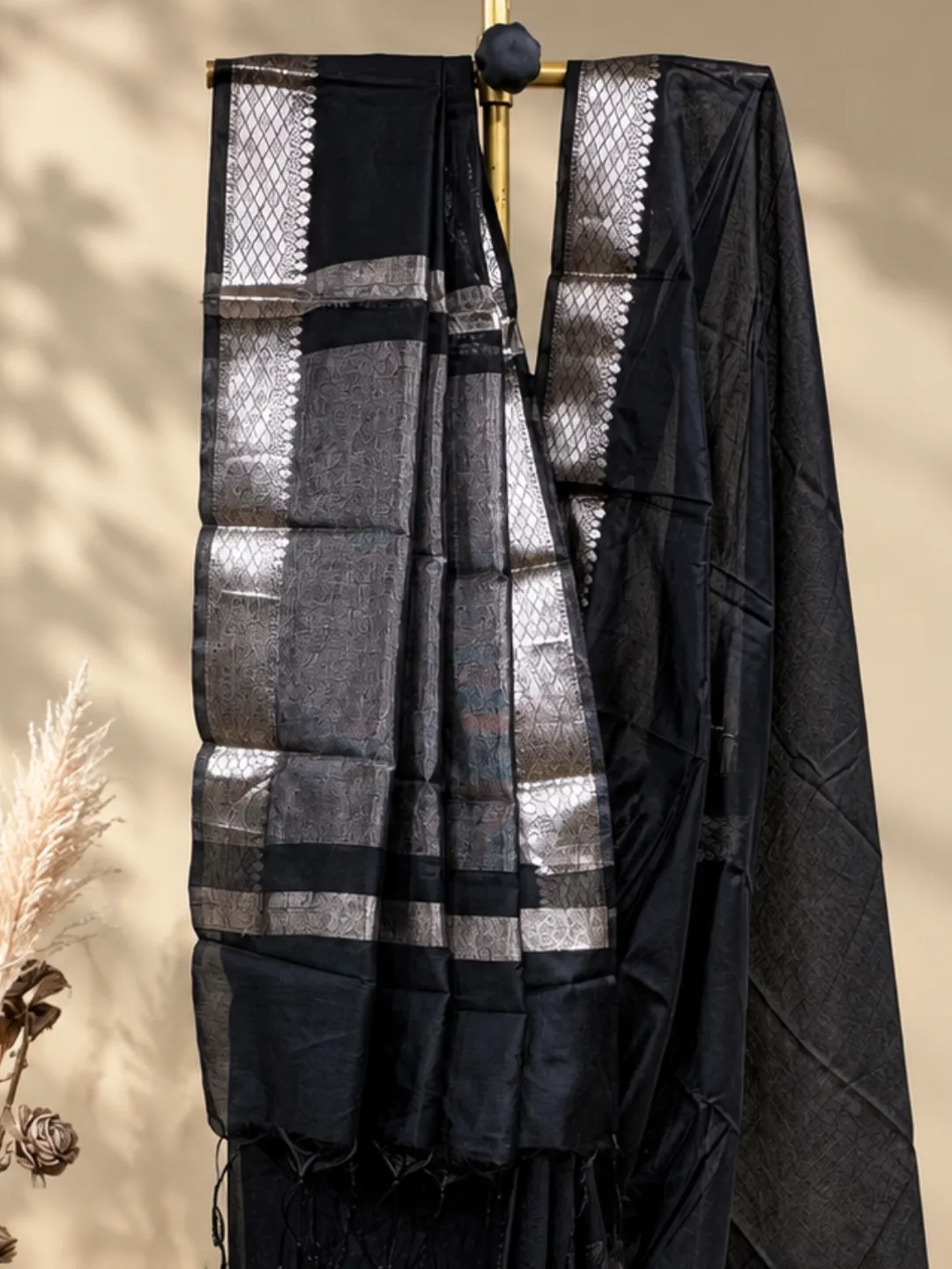 Black Banarasi Cotton Saree Black With Silver Zari Border And Pallu front view