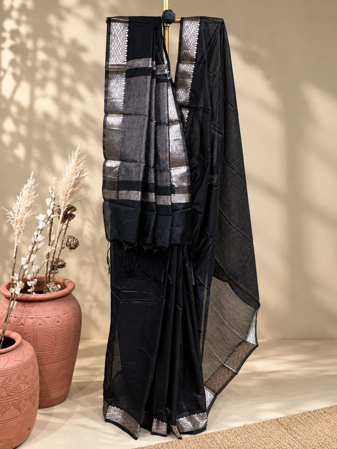 Black Banarasi Cotton Saree Black With Silver Zari Border And Pallu front view