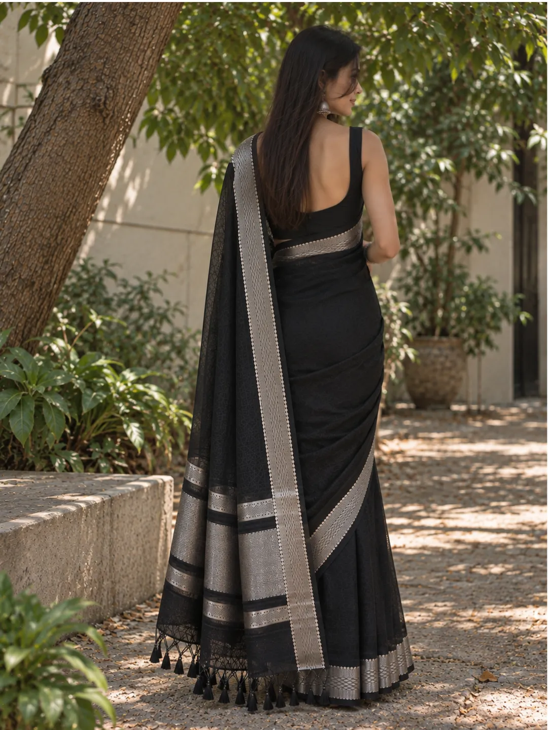 Black Banarasi Cotton Saree Black With Silver Zari Border And Pallu front view