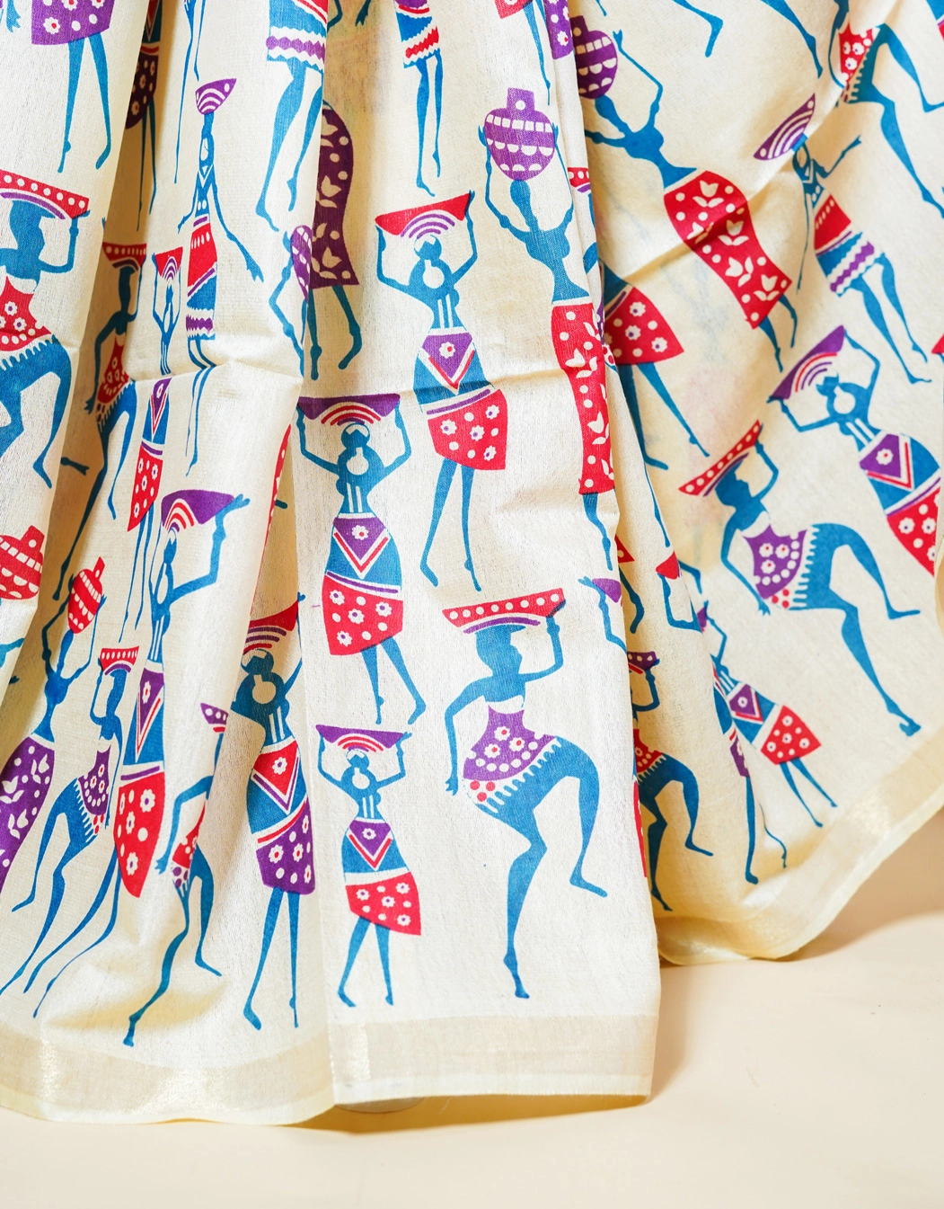 Multicoloured Tribal Rhythm Warli Print Soft Silk Madhubani Saree - View 5