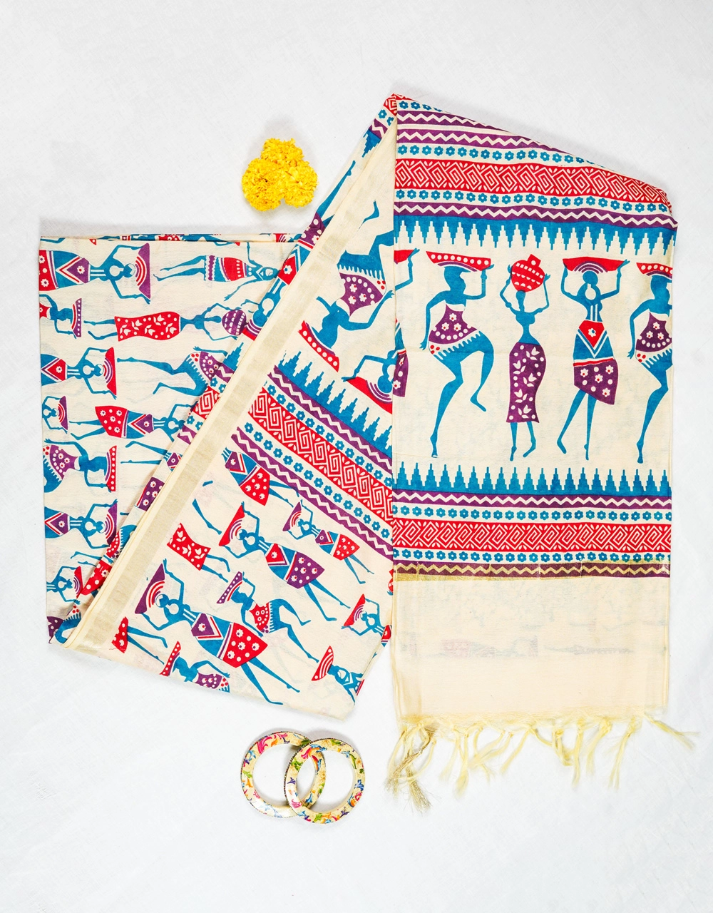 Multicoloured Tribal Rhythm Warli Print Soft Silk Madhubani Saree - View 3