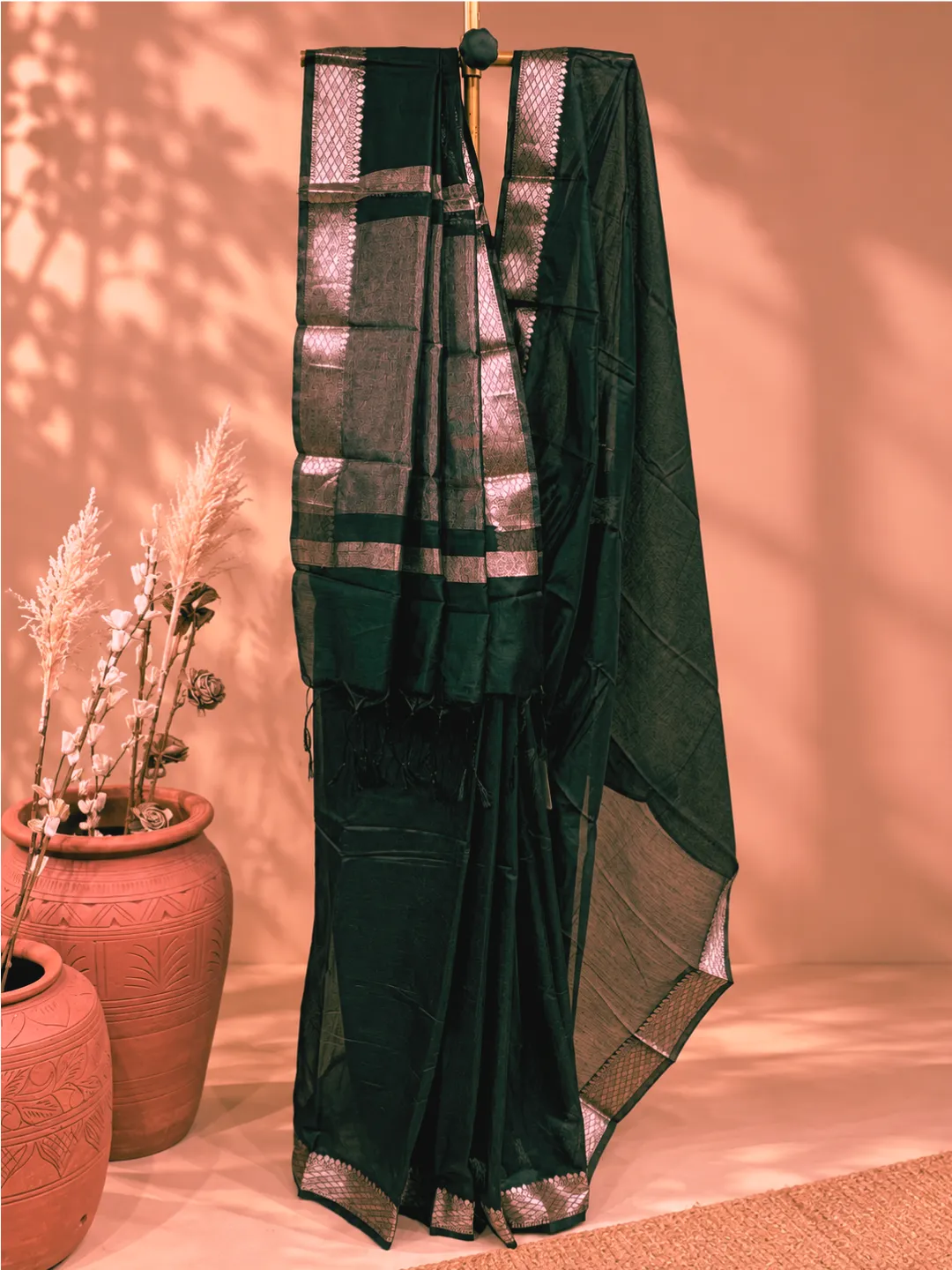  Green Banarasi Cotton Saree Deep Bottle Green With Silver Zari Border And Pallu Front view