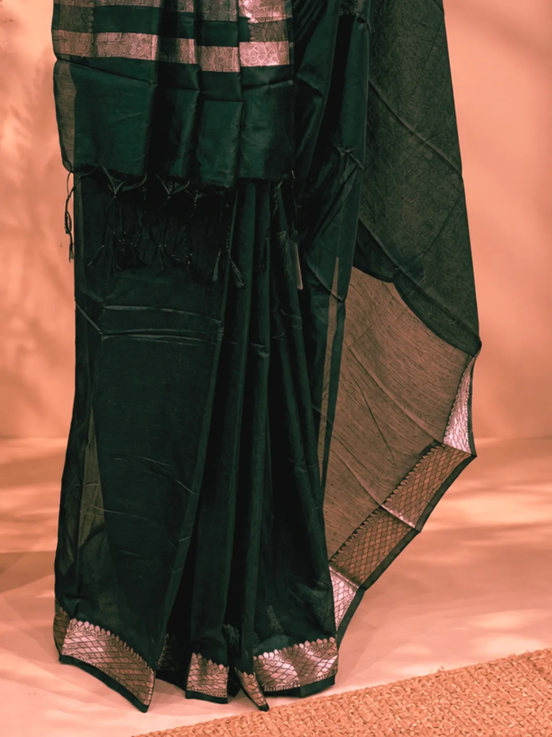  Green Banarasi Cotton Saree Deep Bottle Green With Silver Zari Border And Pallu Front view