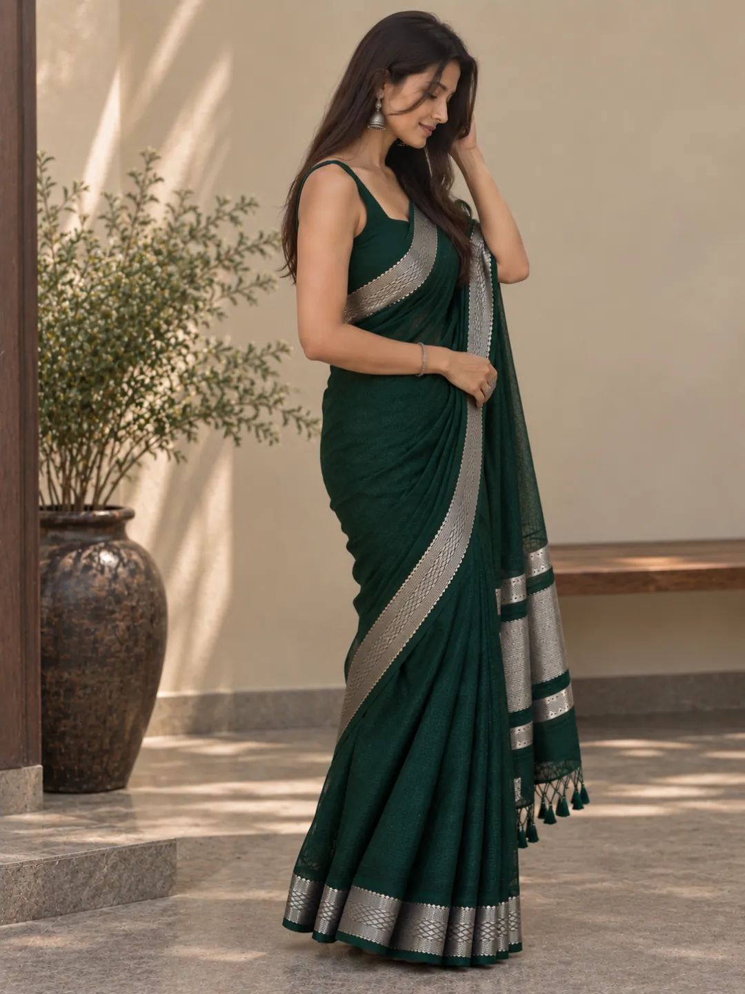  Green Banarasi Cotton Saree Deep Bottle Green With Silver Zari Border And Pallu Front view