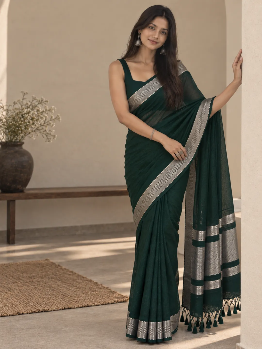 Green Banarasi Cotton Saree Deep Bottle Green With Silver Zari Border And Pallu