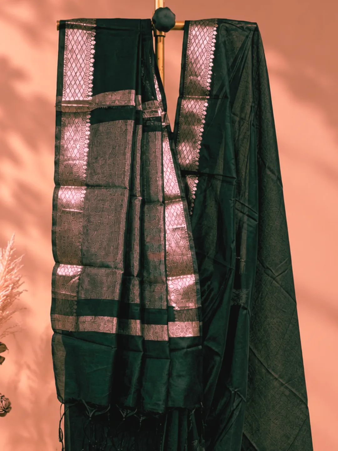  Green Banarasi Cotton Saree Deep Bottle Green With Silver Zari Border And Pallu Front view