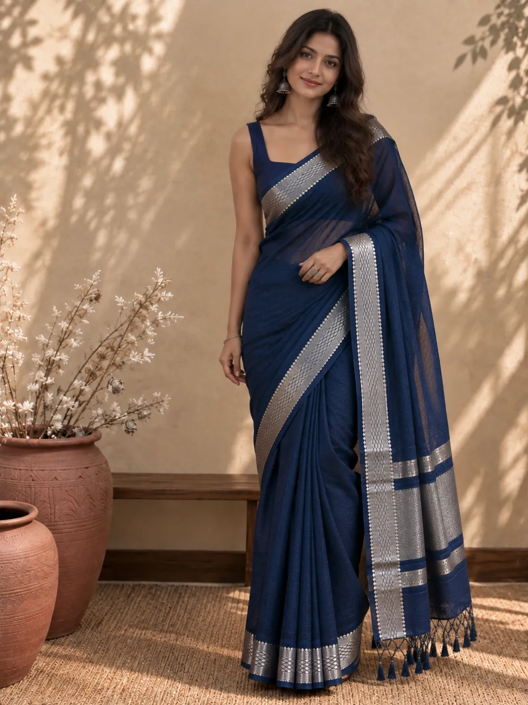 Blue Banarasi Cotton Saree Blue With Silver Zari Border And Pallu