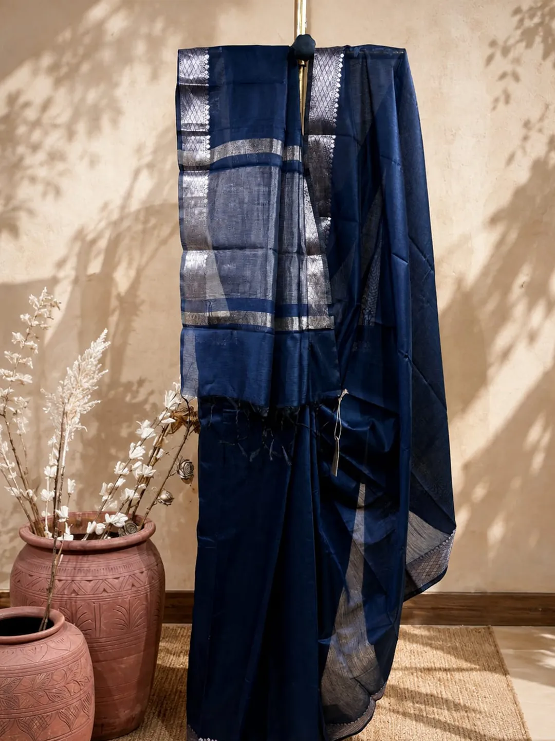 Blue Banarasi Cotton Saree Blue With Silver Zari Border And Pallu front view