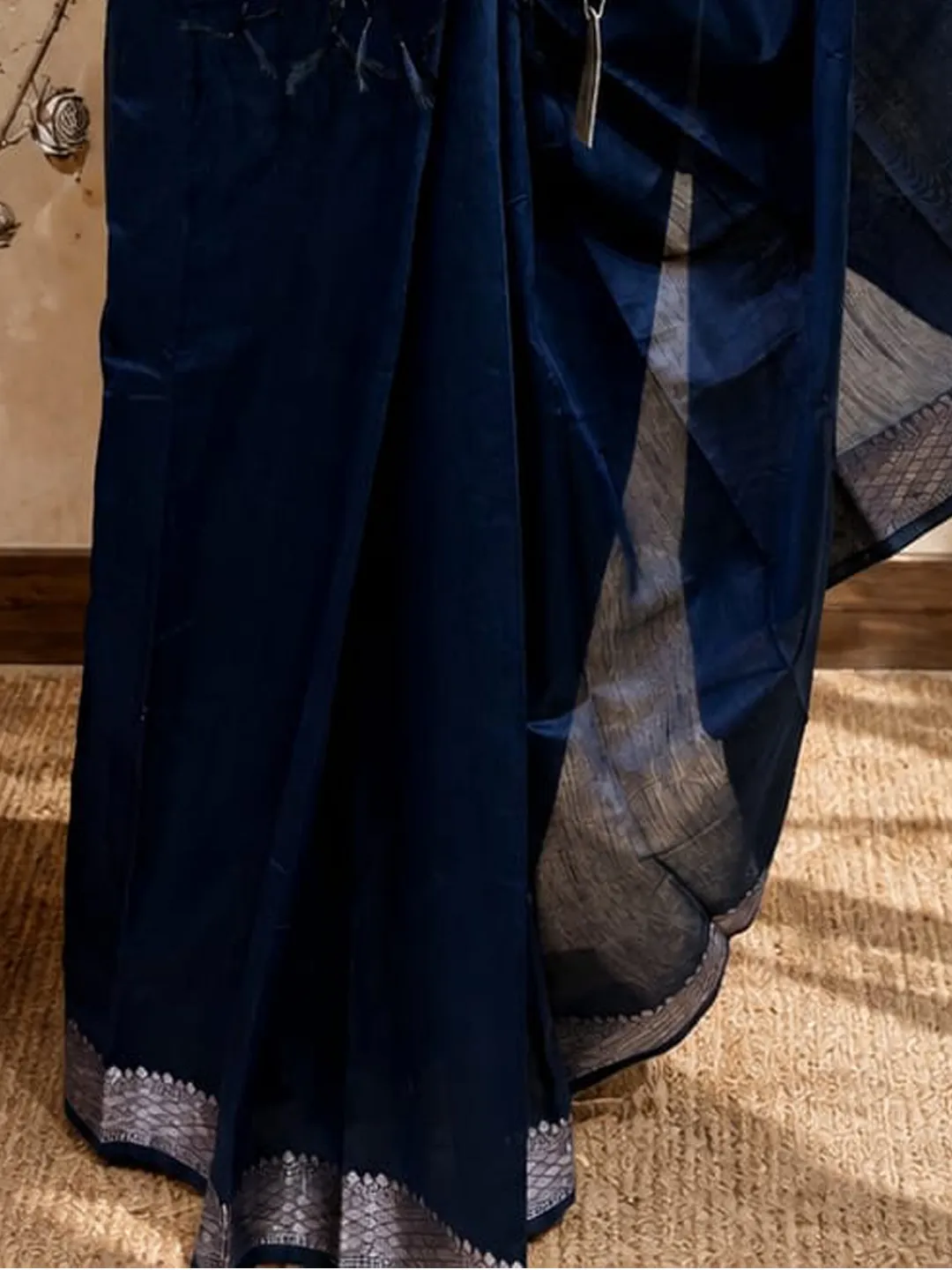 Blue Banarasi Cotton Saree Blue With Silver Zari Border And Pallu front view