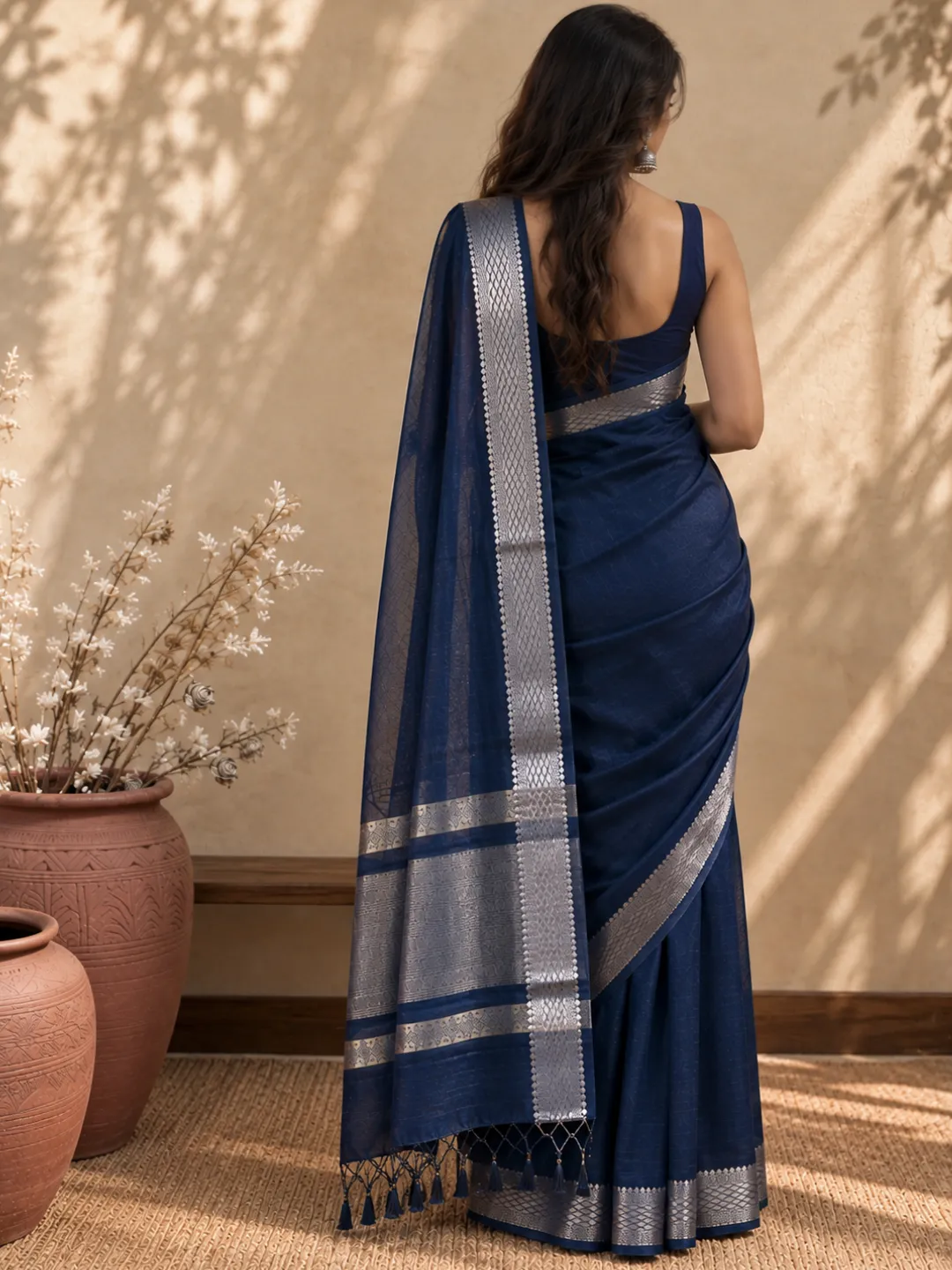 Blue Banarasi Cotton Saree Blue With Silver Zari Border And Pallu front view