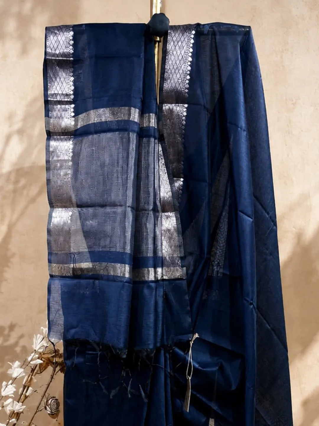 Blue Banarasi Cotton Saree Blue With Silver Zari Border And Pallu front view