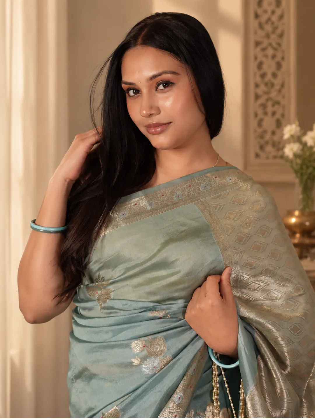 Grey Banarasi Mango Silk Saree Grey With Zari Floral Motifs And Woven Border front view