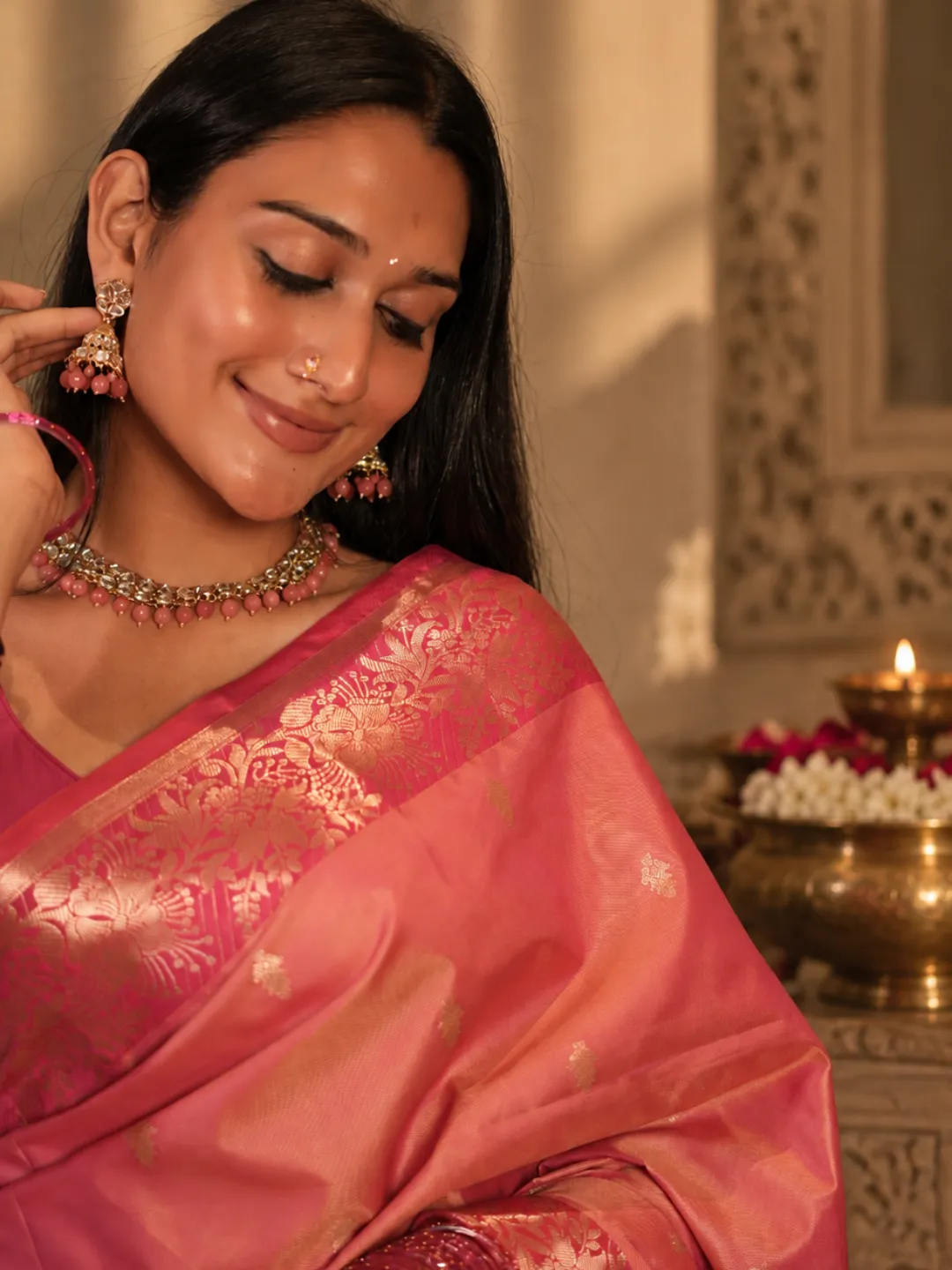 Pink Banarasi Soft Blended Saree Pink With Floral Zari Border And Pallu front view