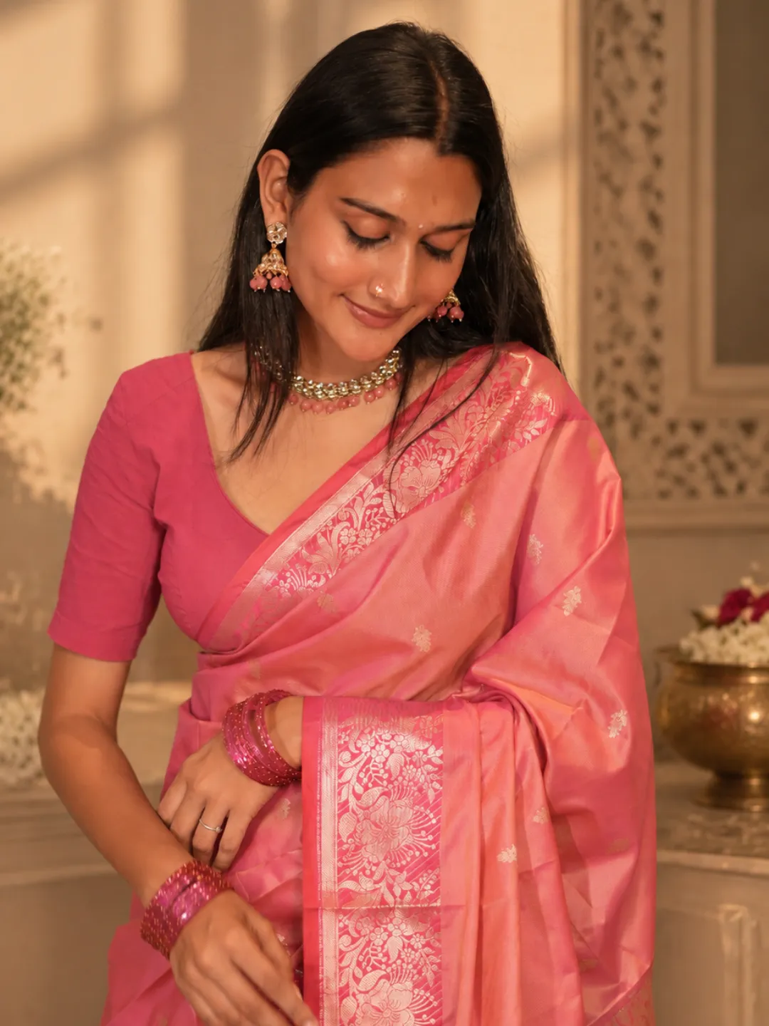Pink Banarasi Soft Blended Saree Pink With Floral Zari Border And Pallu front view