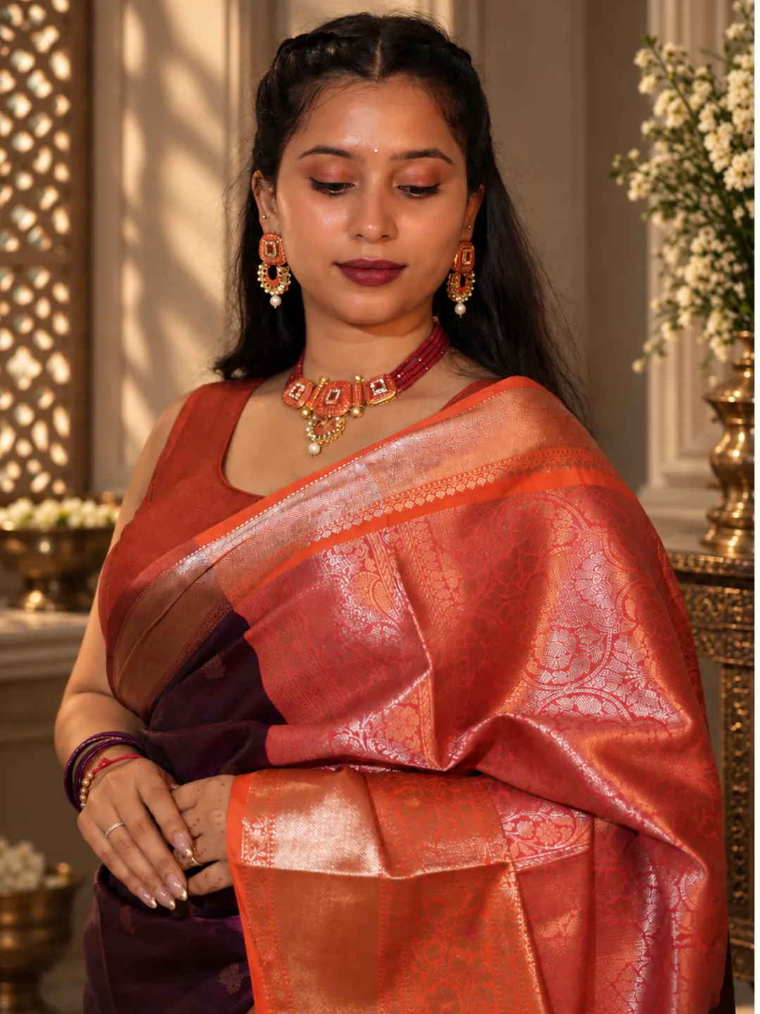 Magenta Banarasi Soft Silk Saree Magenta With Coral Orange Zari Pallu front view