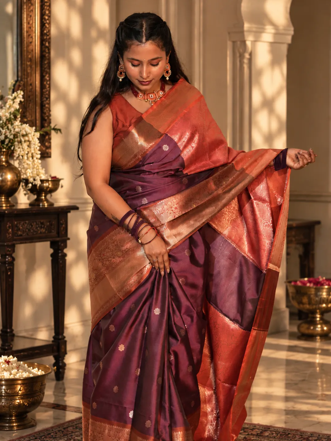 Magenta Banarasi Soft Silk Saree Magenta With Coral Orange Zari Pallu front view