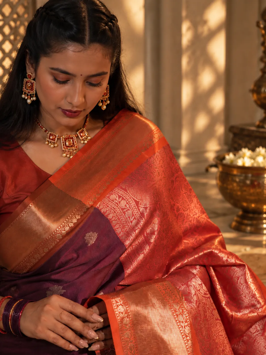 Magenta Banarasi Soft Silk Saree Magenta With Coral Orange Zari Pallu front view