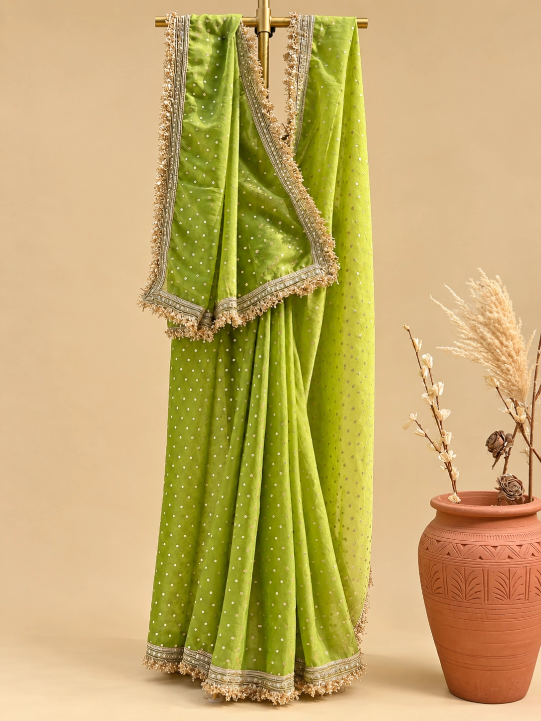 Green Tissue Silk Saree With Kiran Lace Border front view