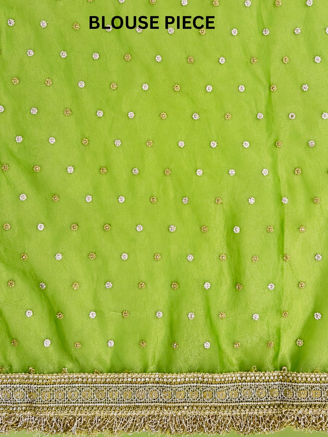 Green Tissue Silk Saree With Kiran Lace Border front view