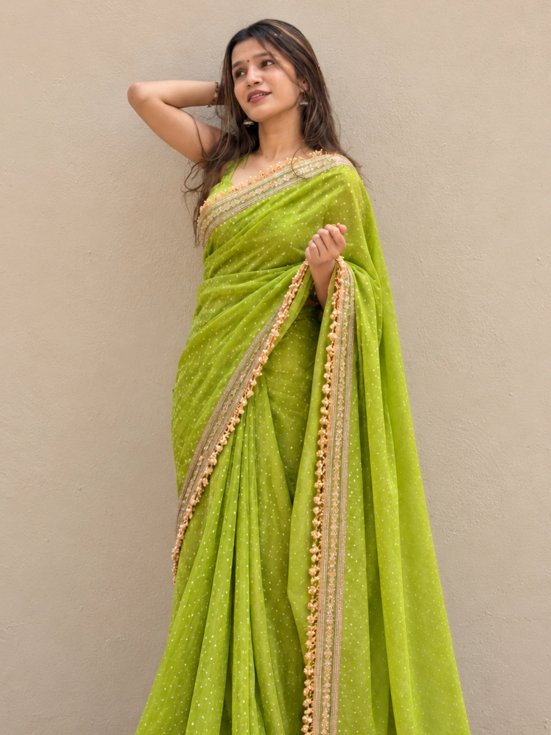 Green Tissue Silk Saree With Kiran Lace Border