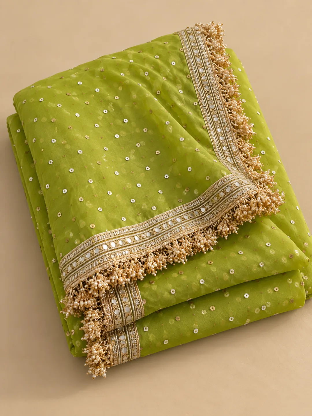 Green Tissue Silk Saree With Kiran Lace Border front view