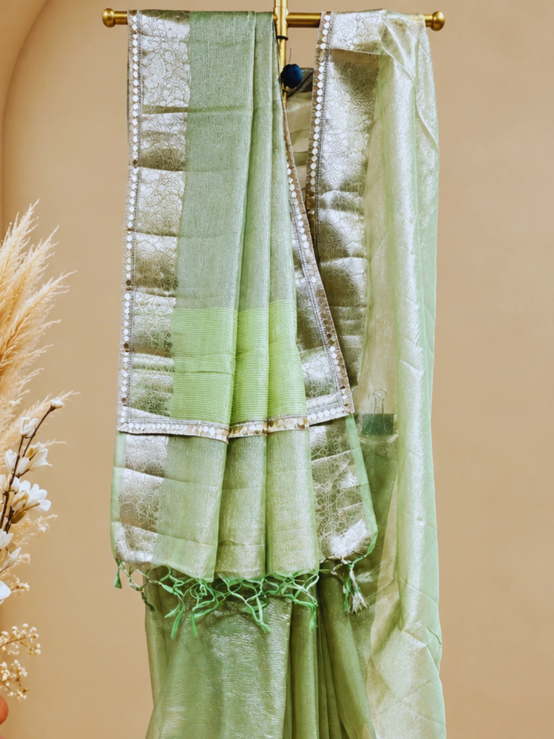  Green Crushed Tissue Silk Banarasi Saree Front view