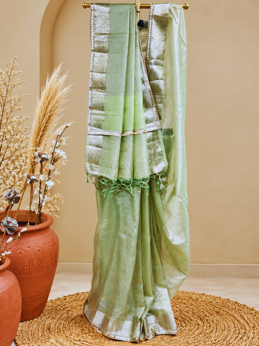 Green Crushed Tissue Silk Banarasi Saree
