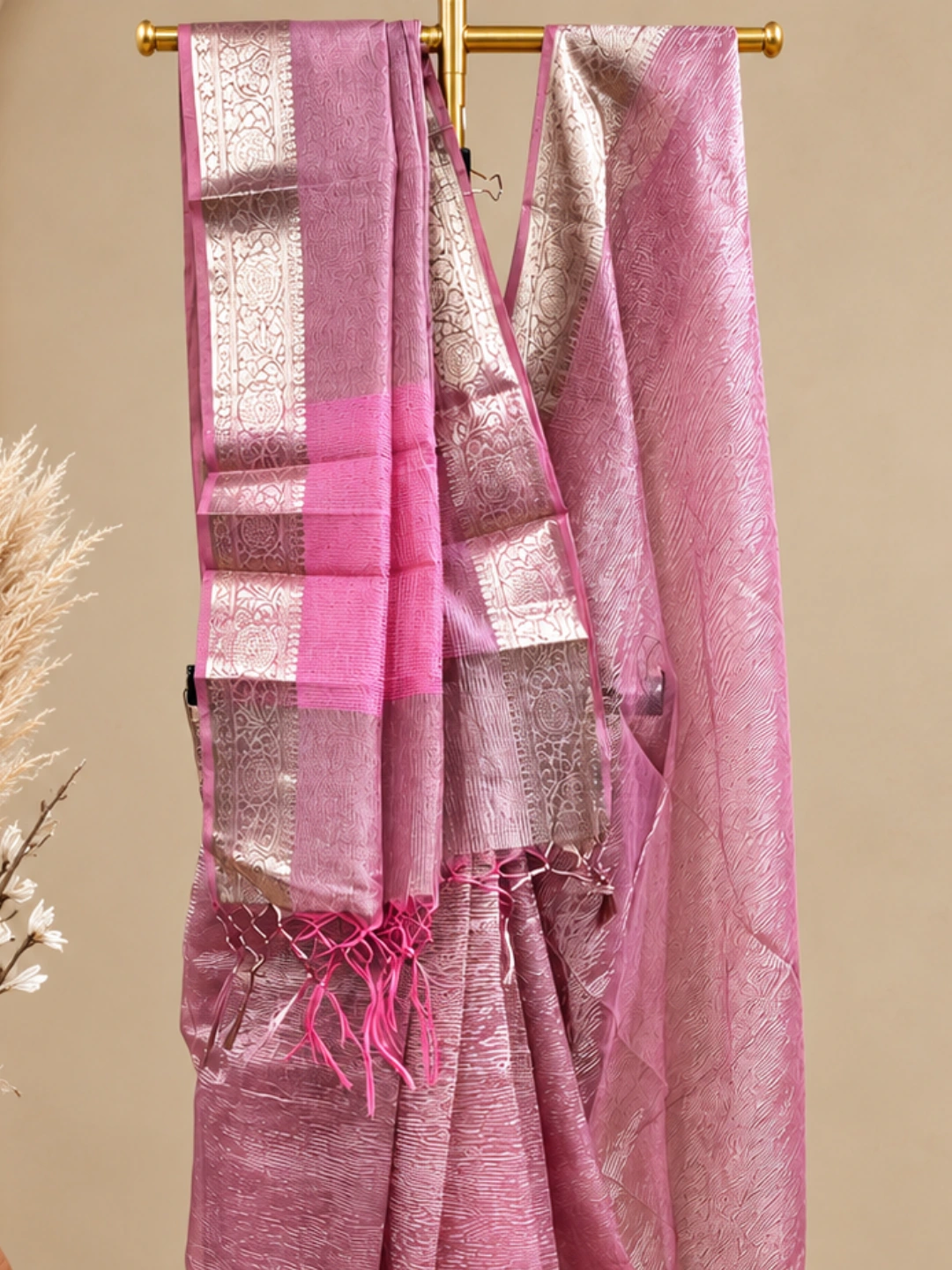  Pink Crushed Tissue Silk Banarasi Saree Front view