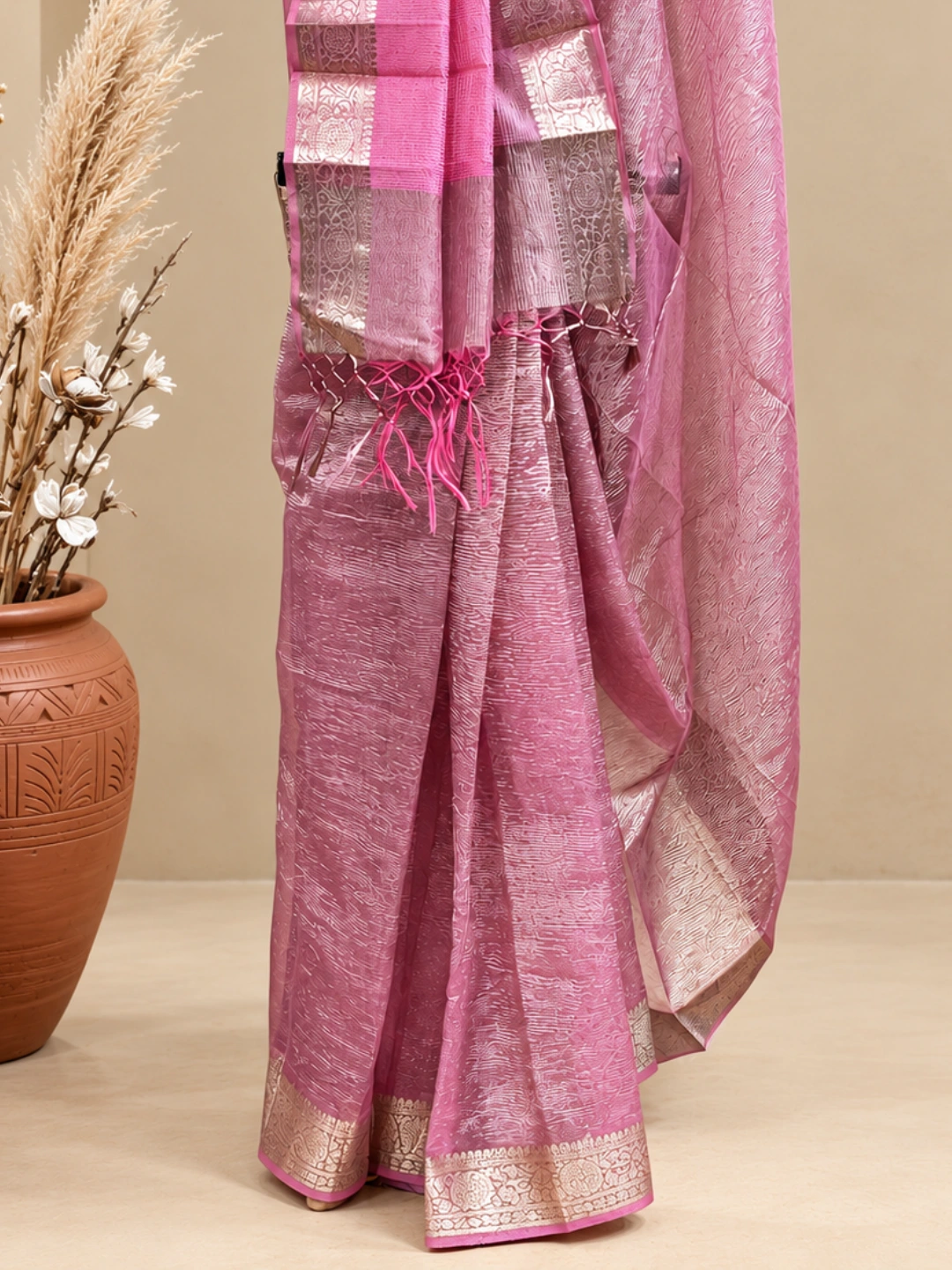  Pink Crushed Tissue Silk Banarasi Saree Front view
