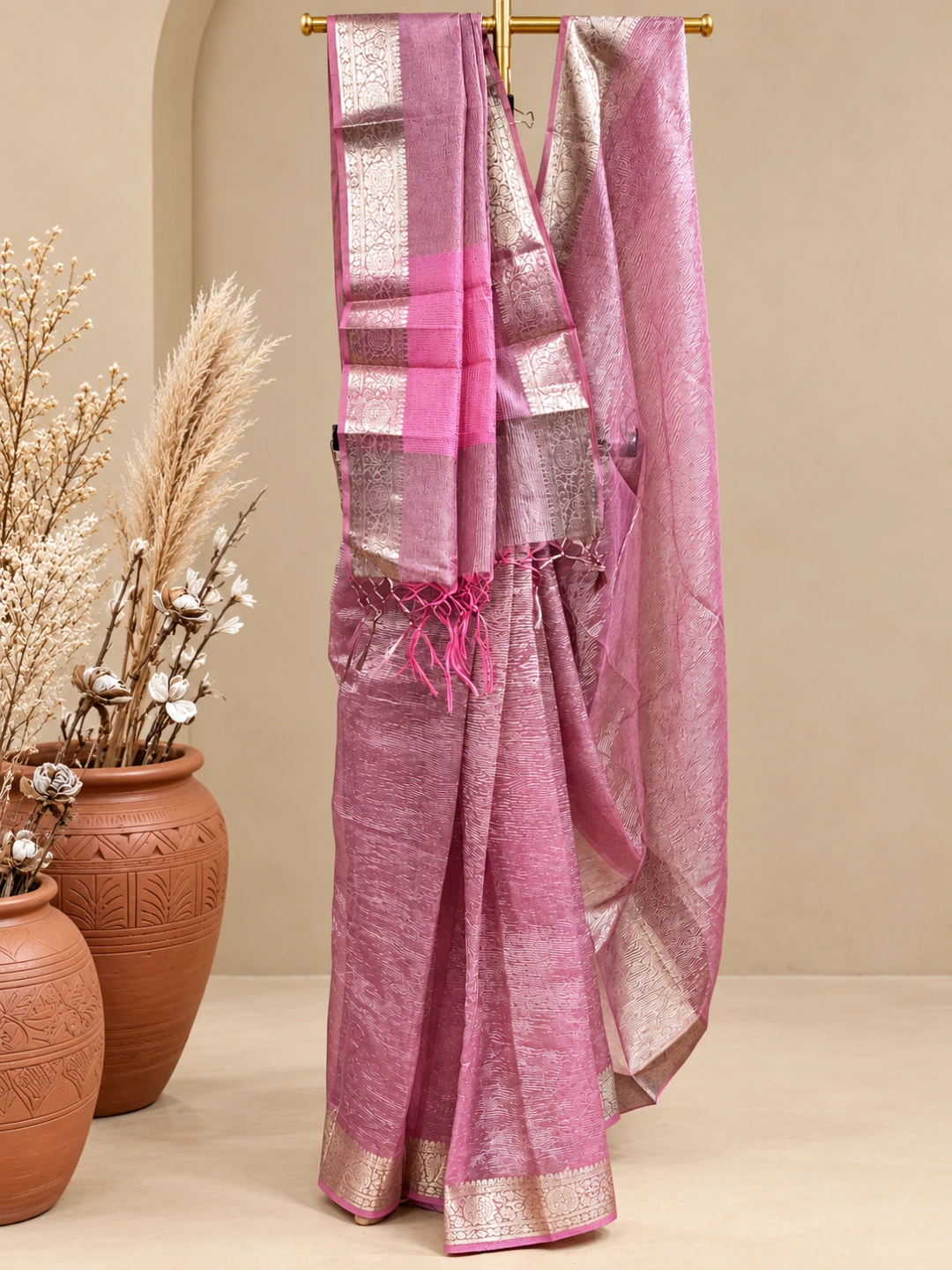 Pink Crushed Tissue Silk Banarasi Saree