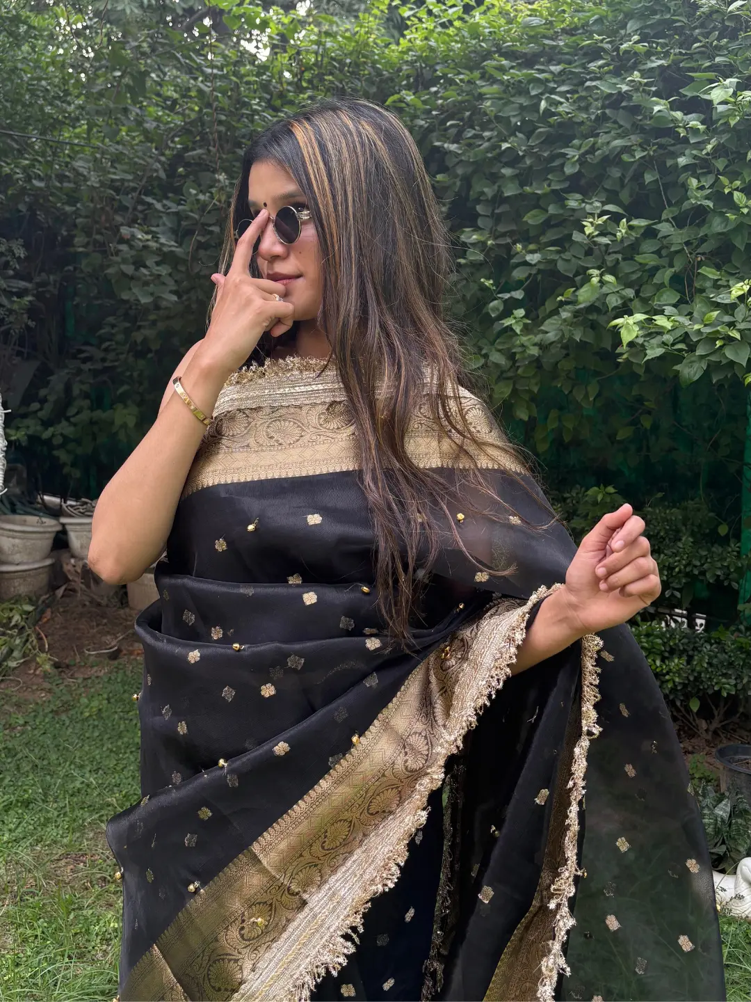 Black Tissue Silk Banarasi Saree With Ghungru Work front view