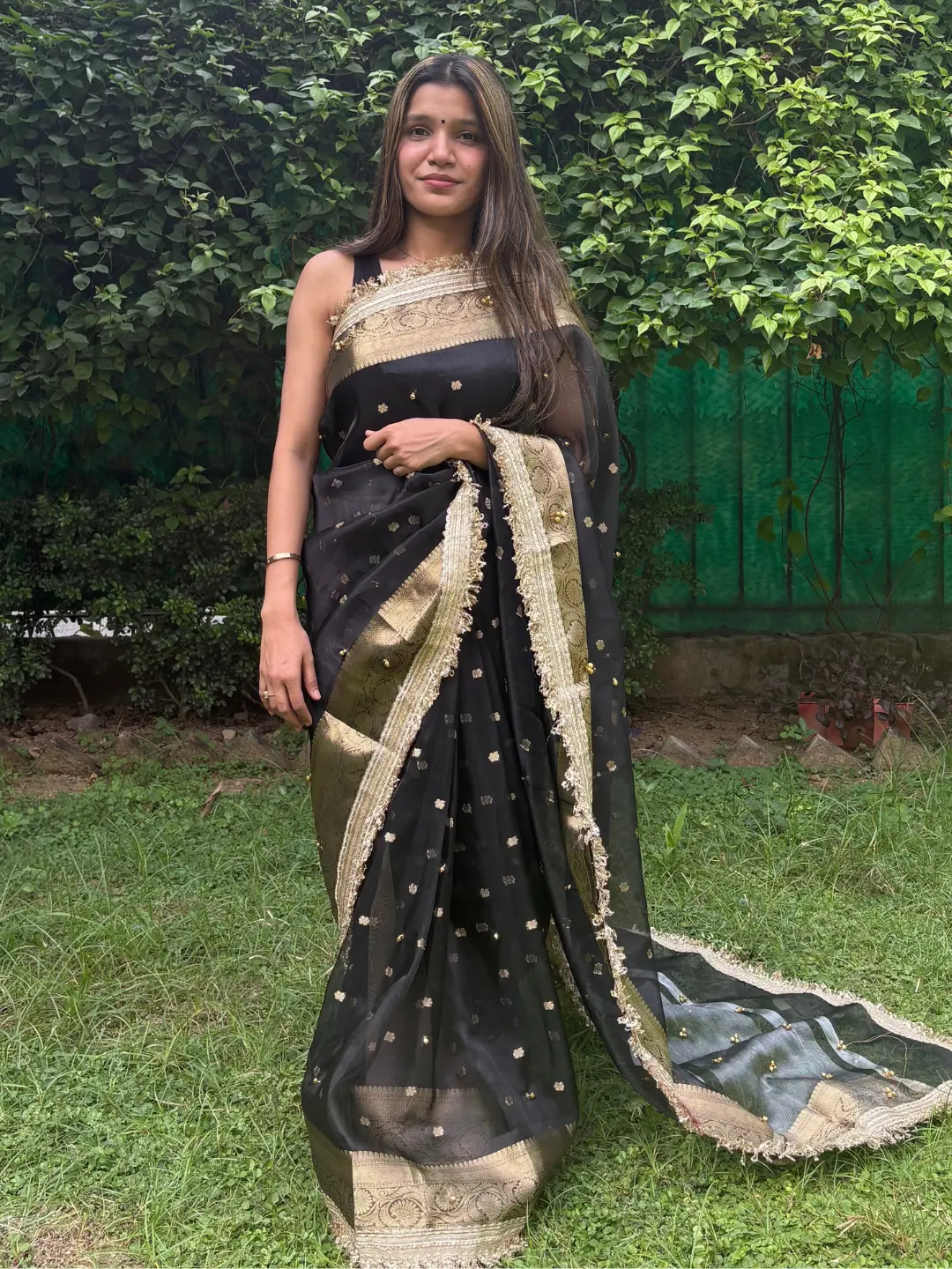 Black Tissue Silk Banarasi Saree With Ghungru Work front view