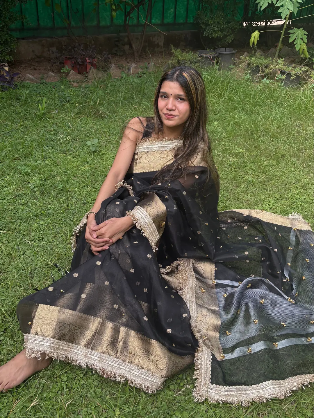 Black Tissue Silk Banarasi Saree With Ghungru Work front view
