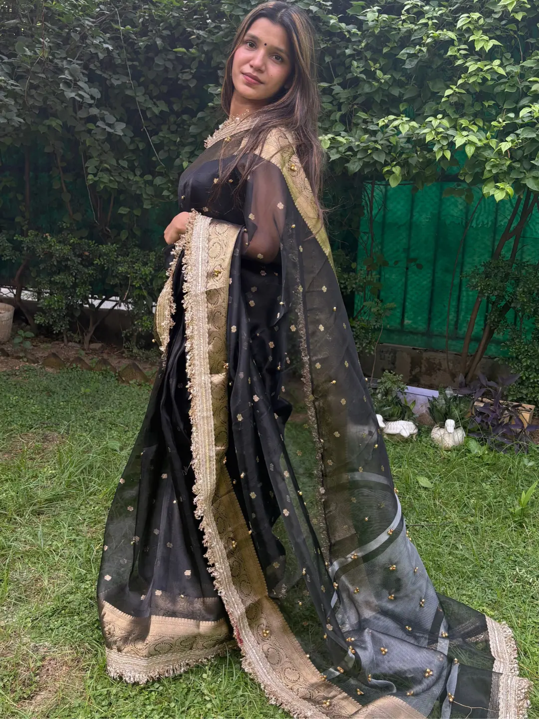 Black Tissue Silk Banarasi Saree With Ghungru Work front view