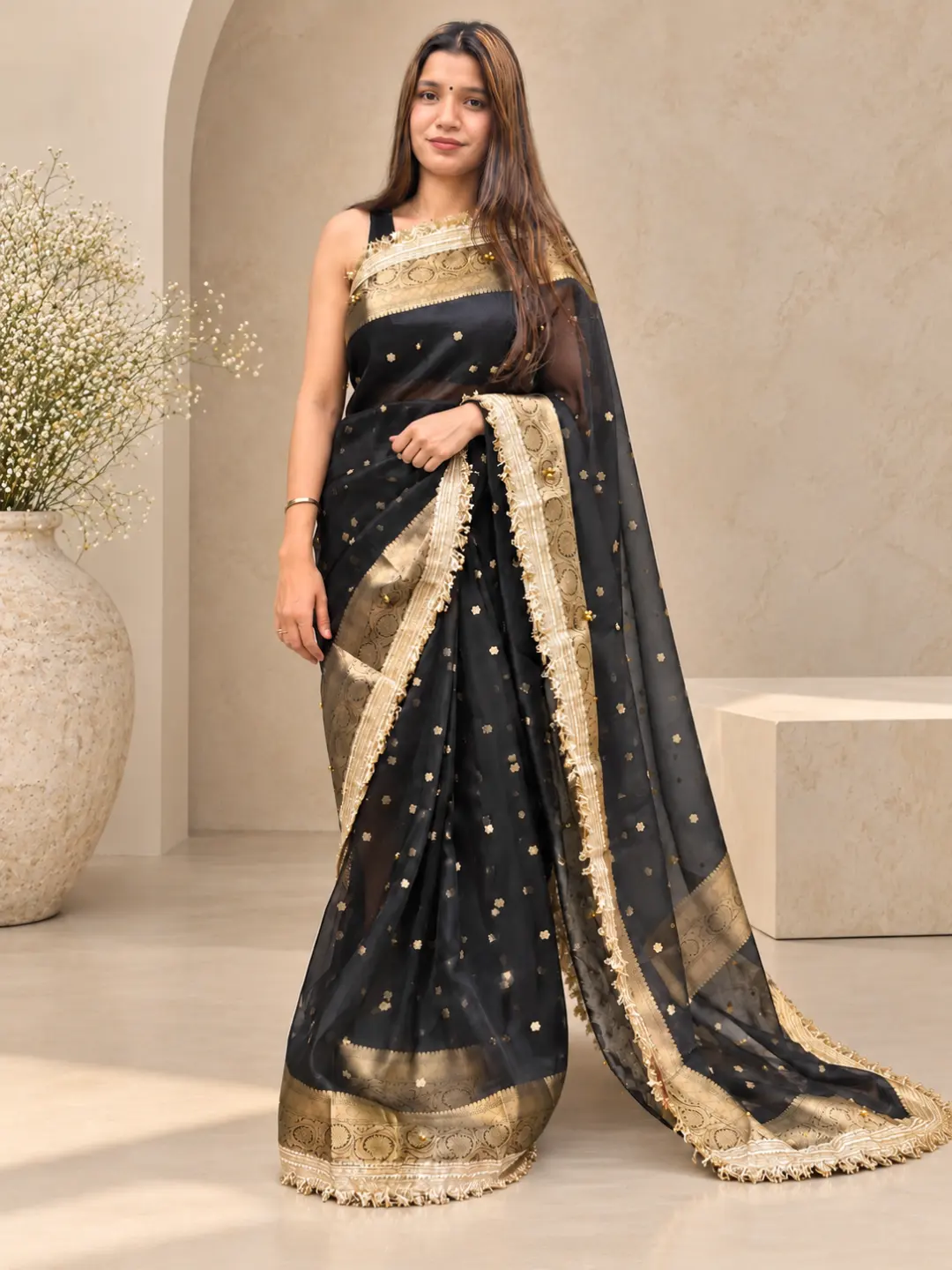 Black Tissue Silk Banarasi Saree With Ghungru Work