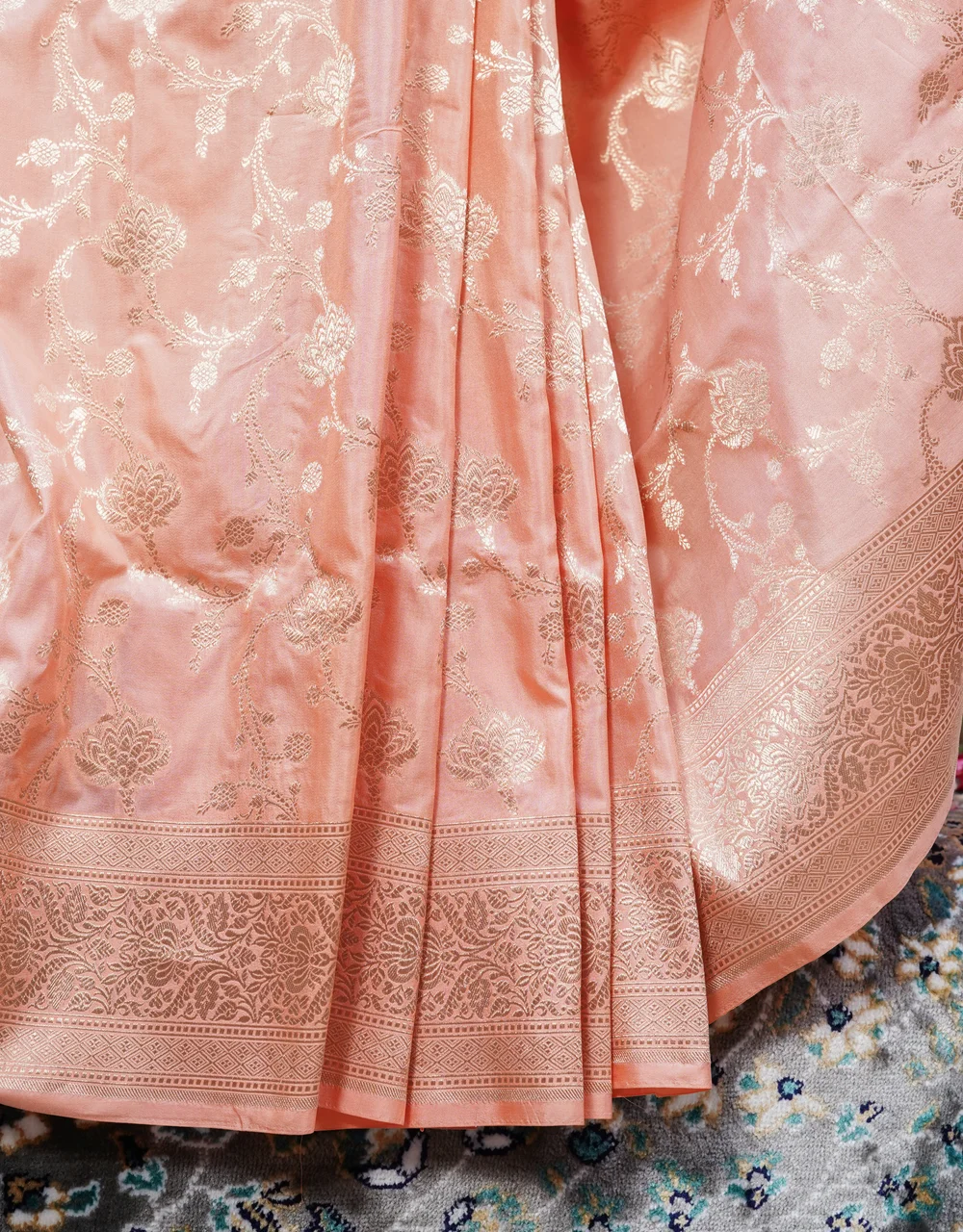Peach Katan Pure Silk Banarasi Saree - View 5