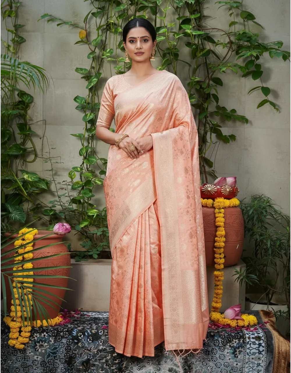 Peach Katan Pure Silk Banarasi Saree