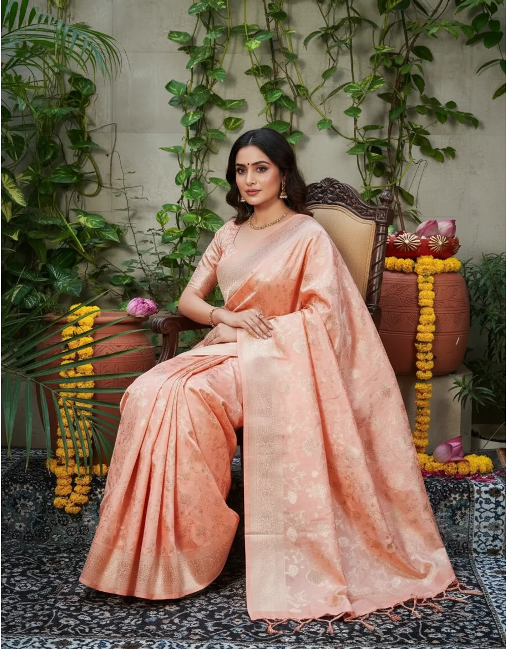 Peach Katan Pure Silk Banarasi Saree