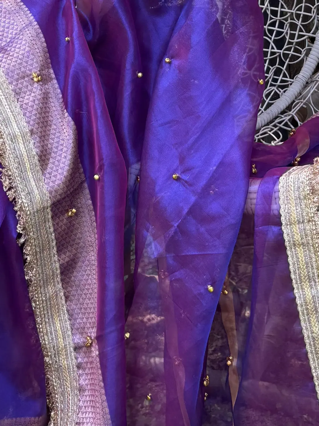 Purple Tissue Silk Banarasi Saree With Ghungru Work front view