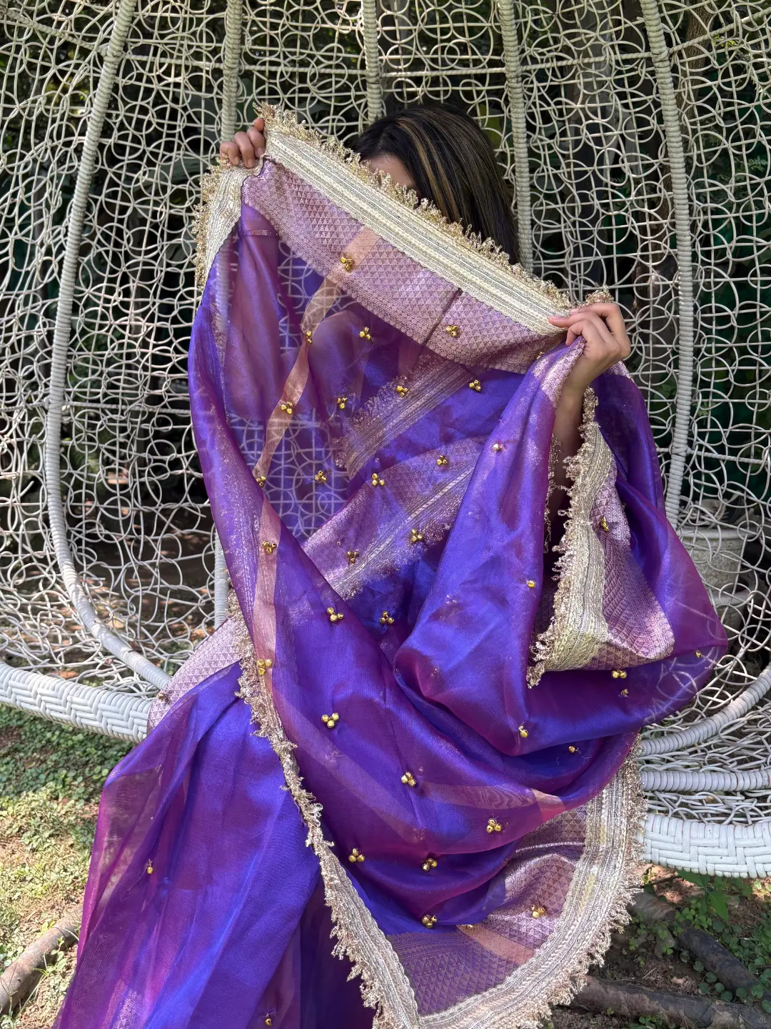 Purple Tissue Silk Banarasi Saree With Ghungru Work front view