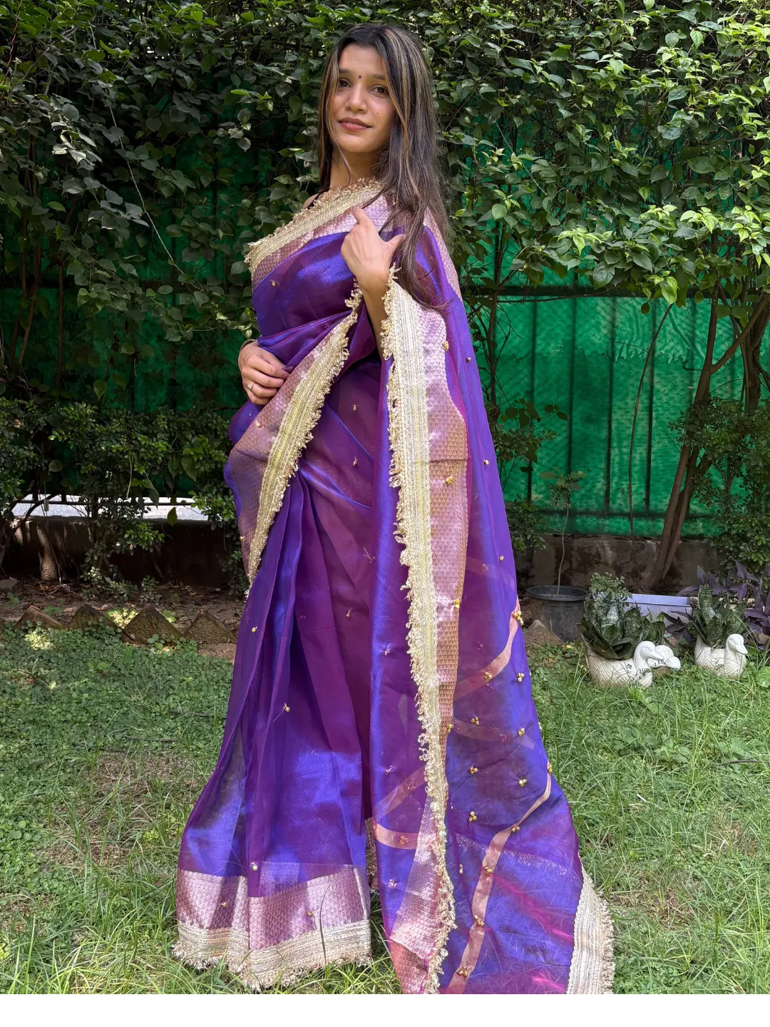 Purple Tissue Silk Banarasi Saree With Ghungru Work front view