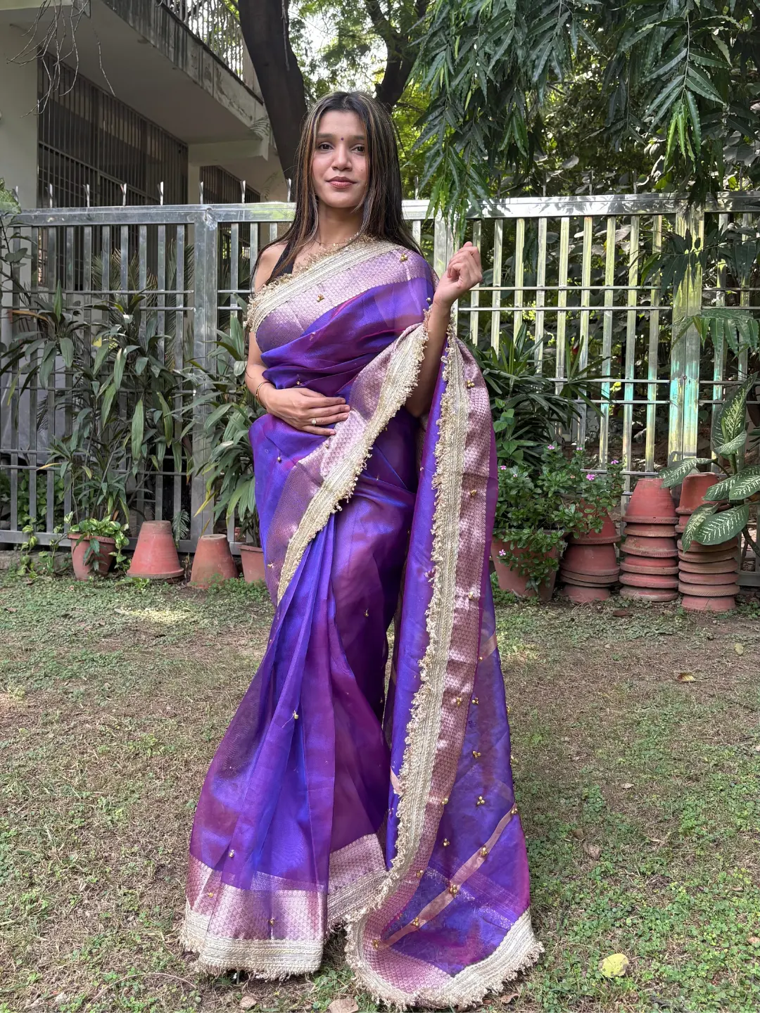 Purple Tissue Silk Banarasi Saree With Ghungru Work front view